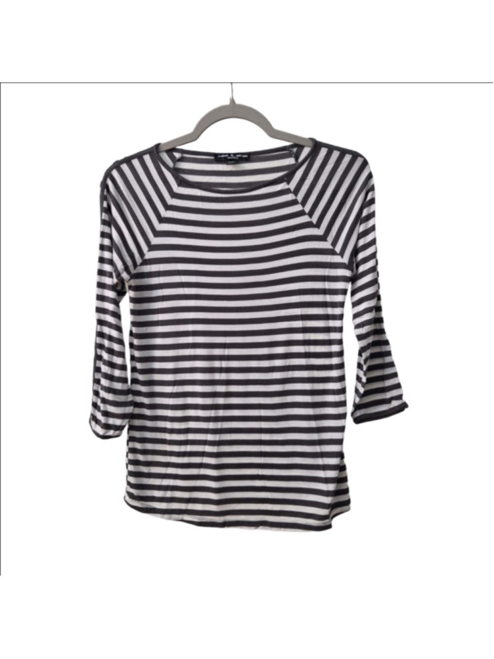 Cable & Gauge Petite Striped 3/4 Sleeve Button Cuff Top PS Gray